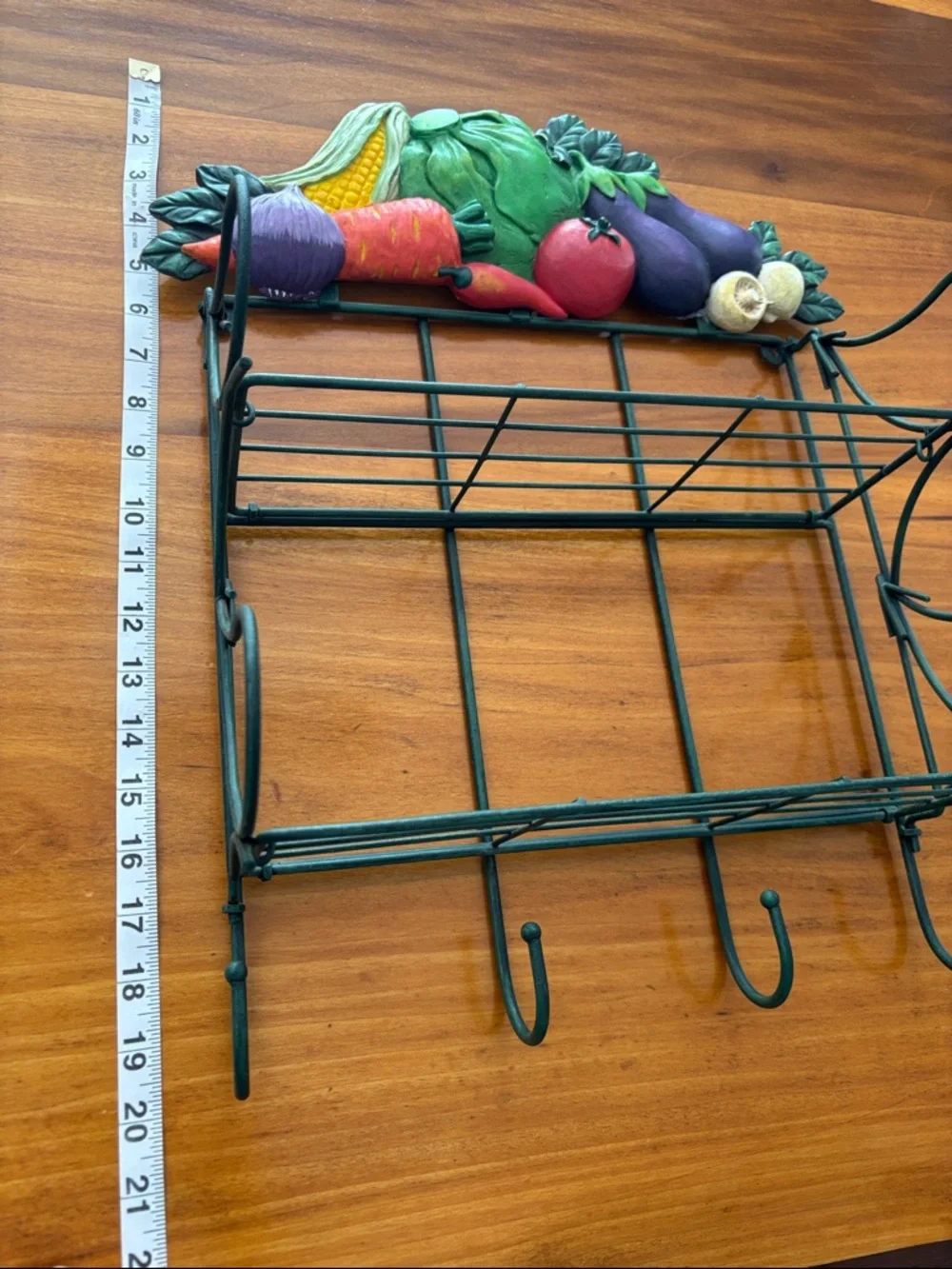 Kitchen Wall Hook Shelf with Colorful Vegetable Accent, Green Metal, Collapsible